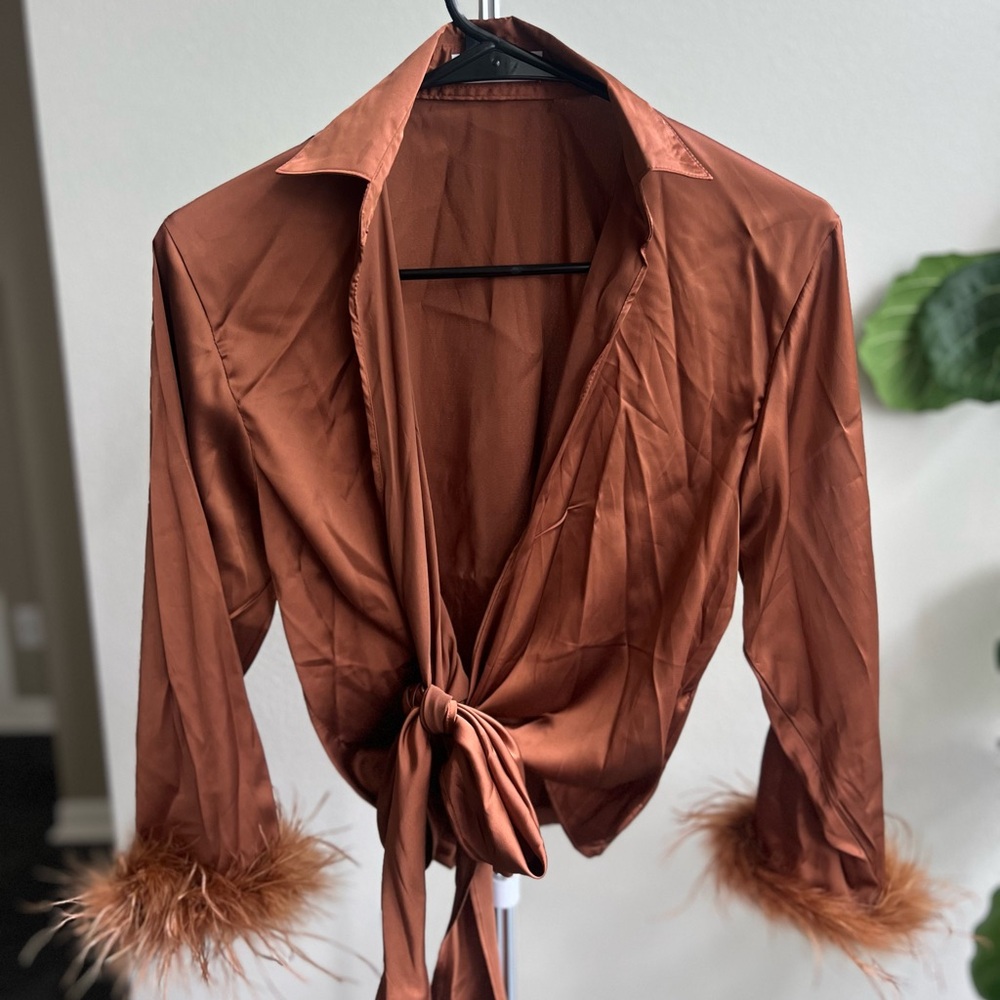 Rust Satin Tie-Front Blouse with Feather Cuffs NEVER WORN